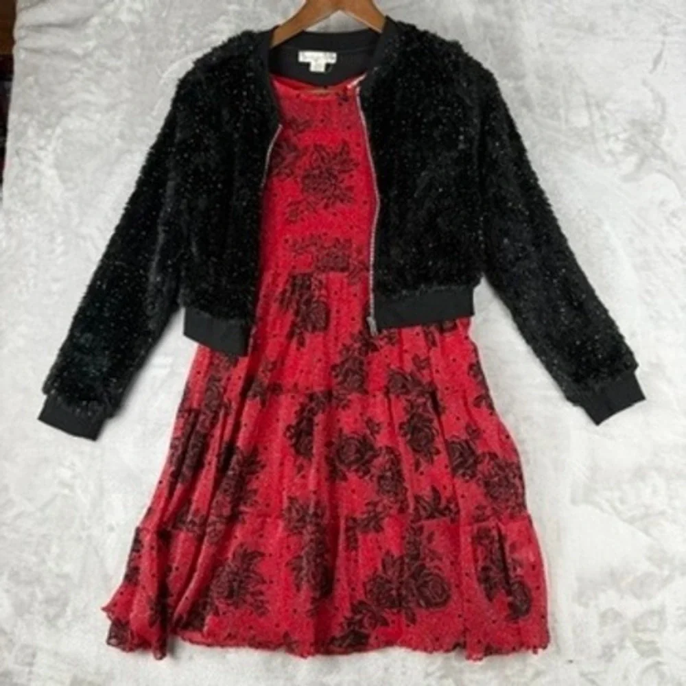 Girls Red Black Rose Print Mesh Tiered Dress Fuzzy Jacket Set 16